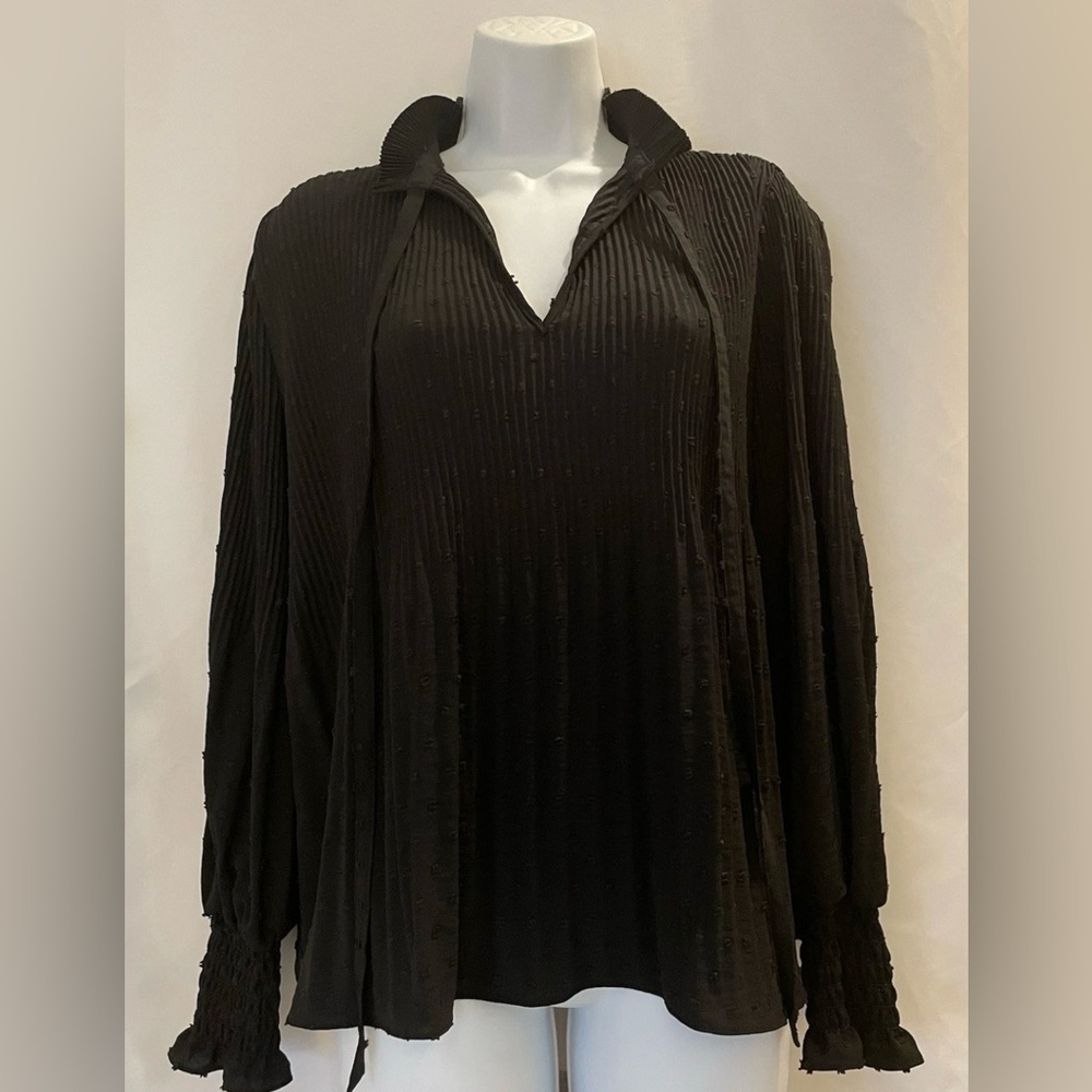 Max Studio Women's Long Sleeve Tie Neck Pleated Blouse XS